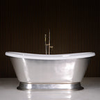 “Calypso-USLBTPD59” 59 Inch White CoreAcryl Acrylic French Bateau Pedestal Tub with “Umber Washed Silver Leaf” Exterior Finish