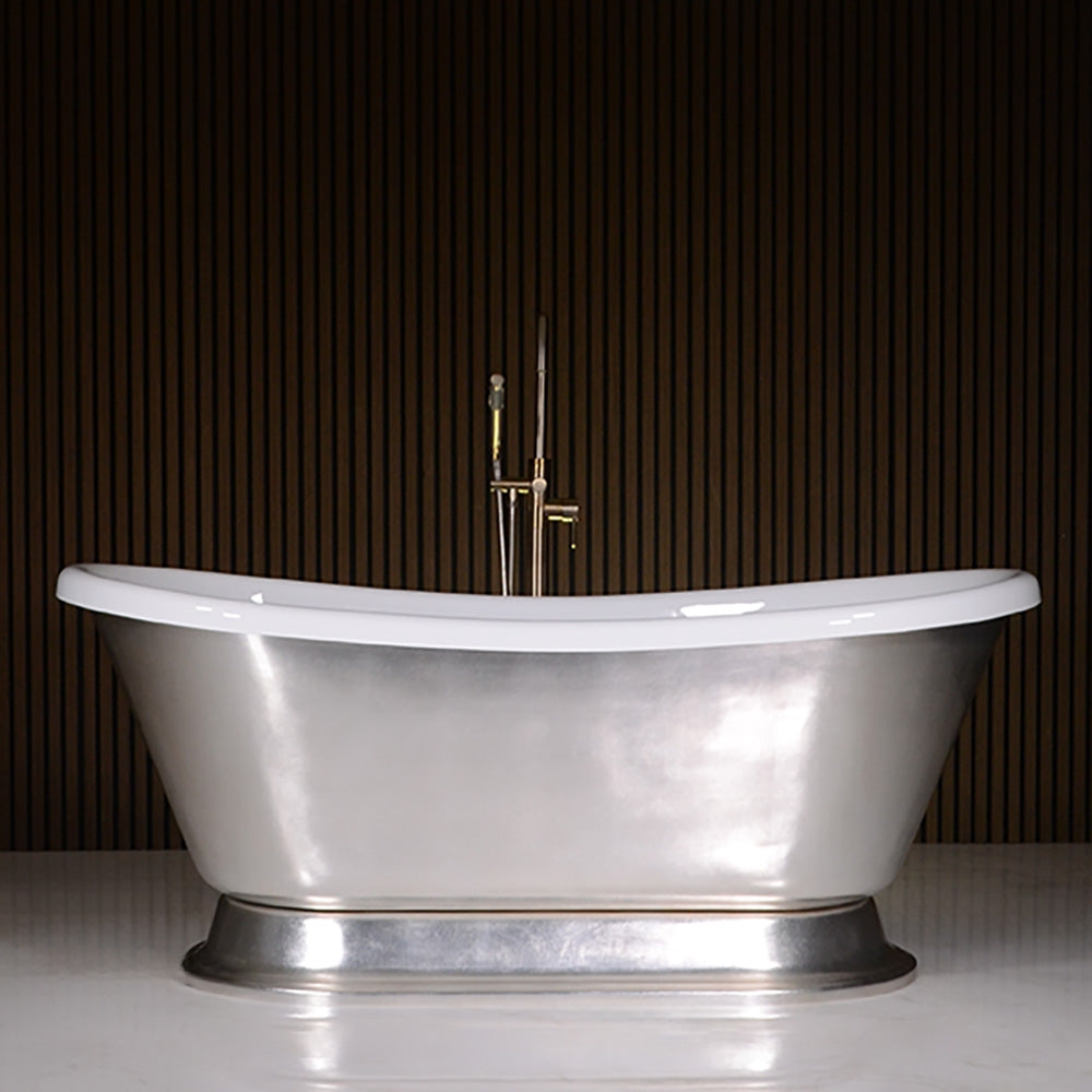 “LuxWide Calypso-USLBTPD67” 67 Inch White CoreAcryl Acrylic French Bateau Pedestal Tub with “Umber Washed Silver Leaf” Exterior Finish