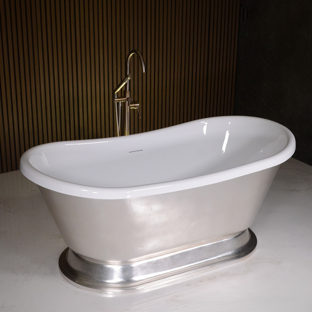 “LuxWide Calypso-USLBTPD67” 67 Inch White CoreAcryl Acrylic French Bateau Pedestal Tub with “Umber Washed Silver Leaf” Exterior Finish