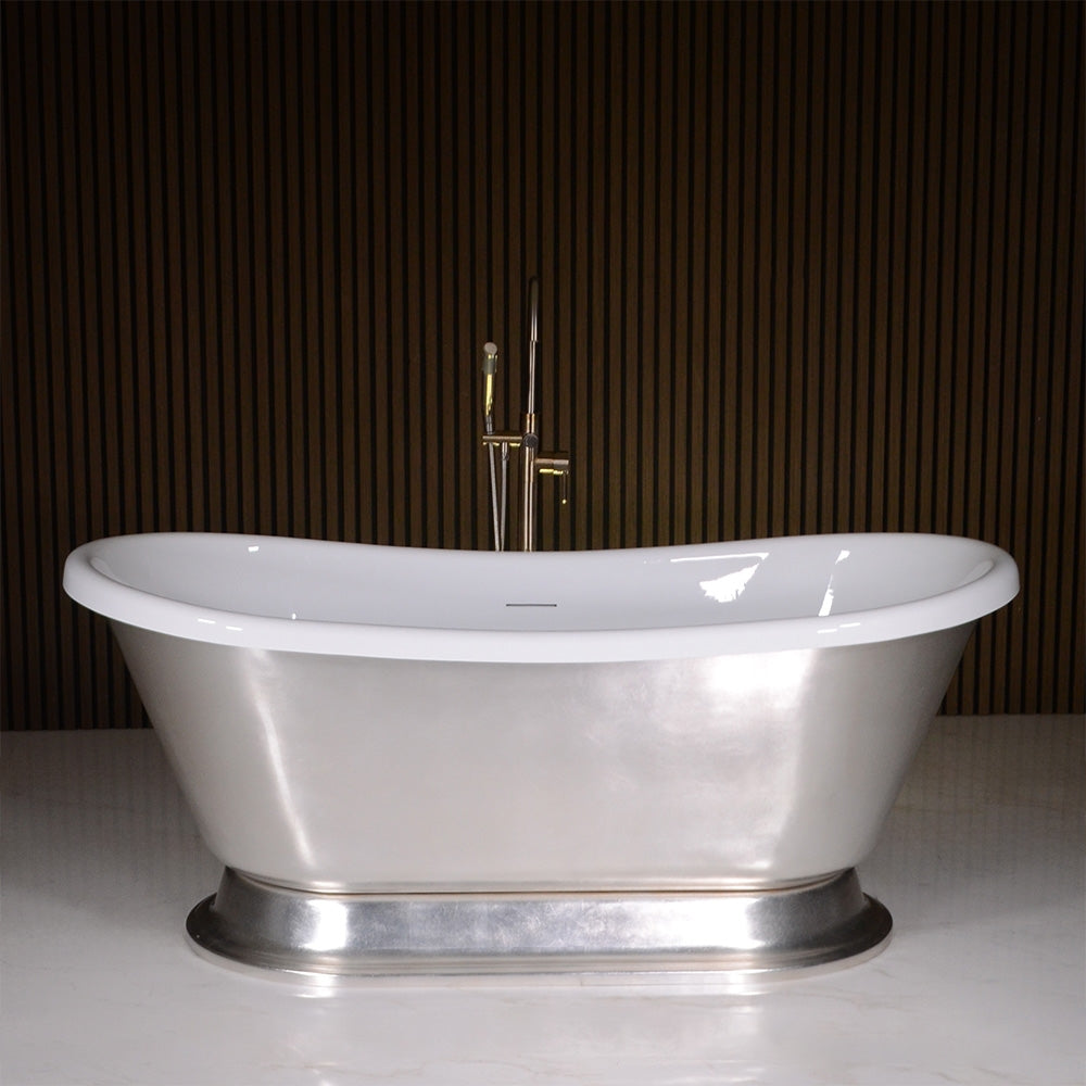 “LuxWide Calypso-USLBTPD67” 67 Inch White CoreAcryl Acrylic French Bateau Pedestal Tub with “Umber Washed Silver Leaf” Exterior Finish