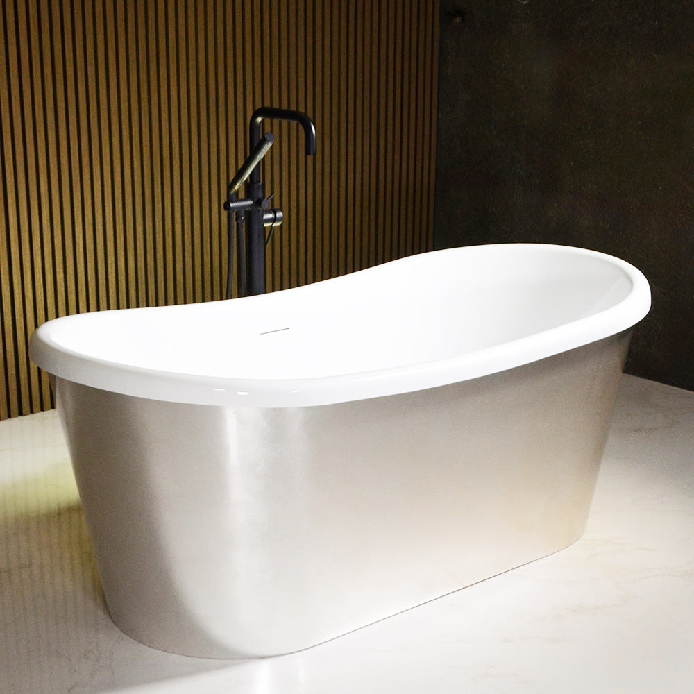 “Calypso-USLBTSK59” 59" x 31.5" French Bateau Skirted Bathtub with “Umber Washed Silver Leaf” Exterior Finish