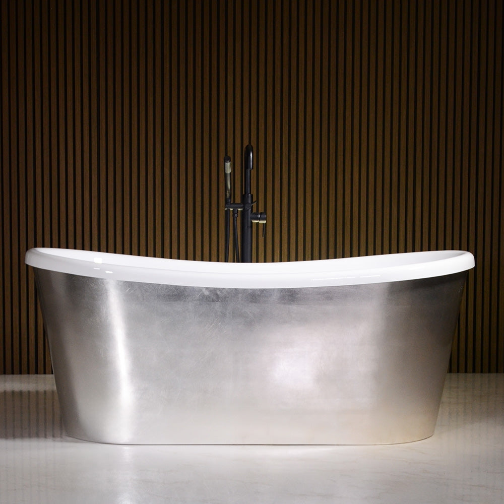 “Calypso-USLBTSK67” 67" x 31.5" French Bateau Skirted Bathtub with “Umber Washed Silver Leaf” Exterior Finish