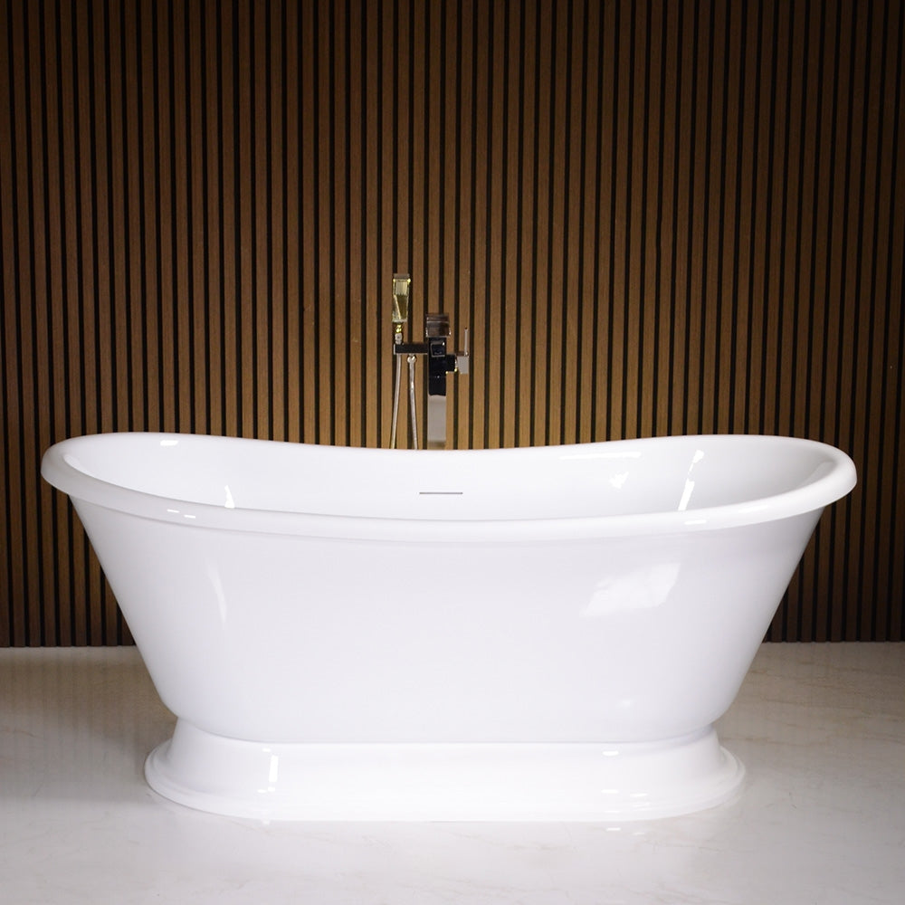 “LuxWide Calypso-WHBTPD67” 67 Inch CoreAcryl Acrylic French Bateau Pedestal Tub in “High Gloss White” Interior and Exterior