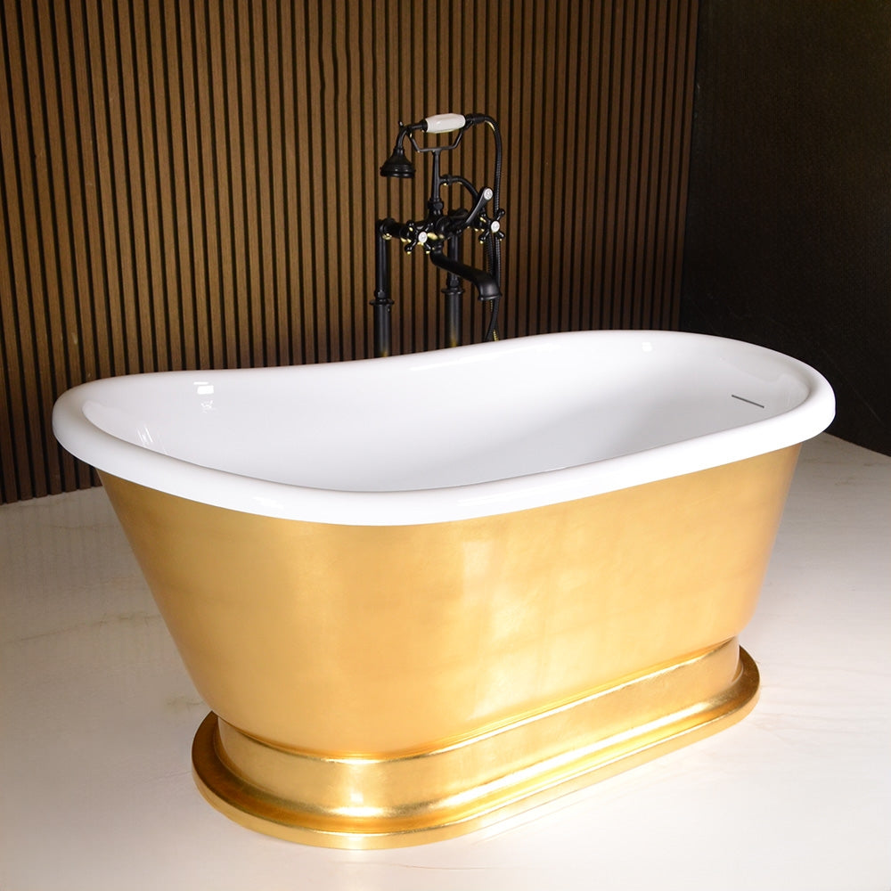 “Calypso Iris-54-UGLPD” 54 Inch White CoreAcryl Acrylic Swedish Slipper Pedestal Tub with “Umber Washed Gold Leaf” Exterior