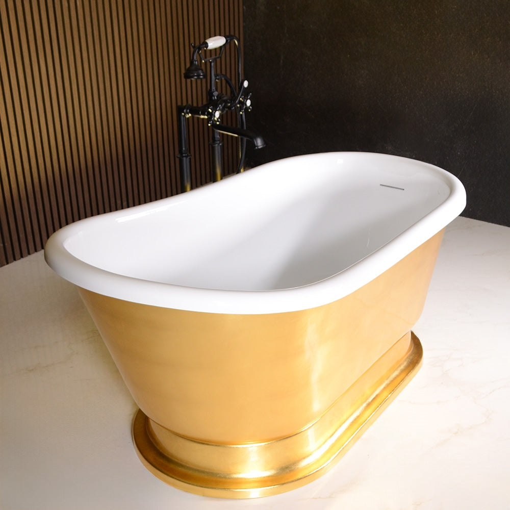 “Calypso Iris-54-UGLPD” 54 Inch White CoreAcryl Acrylic Swedish Slipper Pedestal Tub with “Umber Washed Gold Leaf” Exterior
