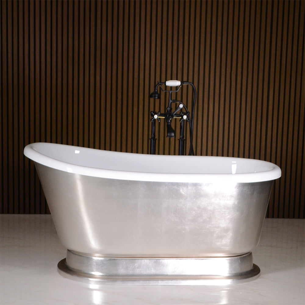 “LuxWide Calypso Iris-54-USLPD” 54 Inch White CoreAcryl Acrylic Swedish Slipper Pedestal Tub with “Umber Washed Silver Leaf” Exterior