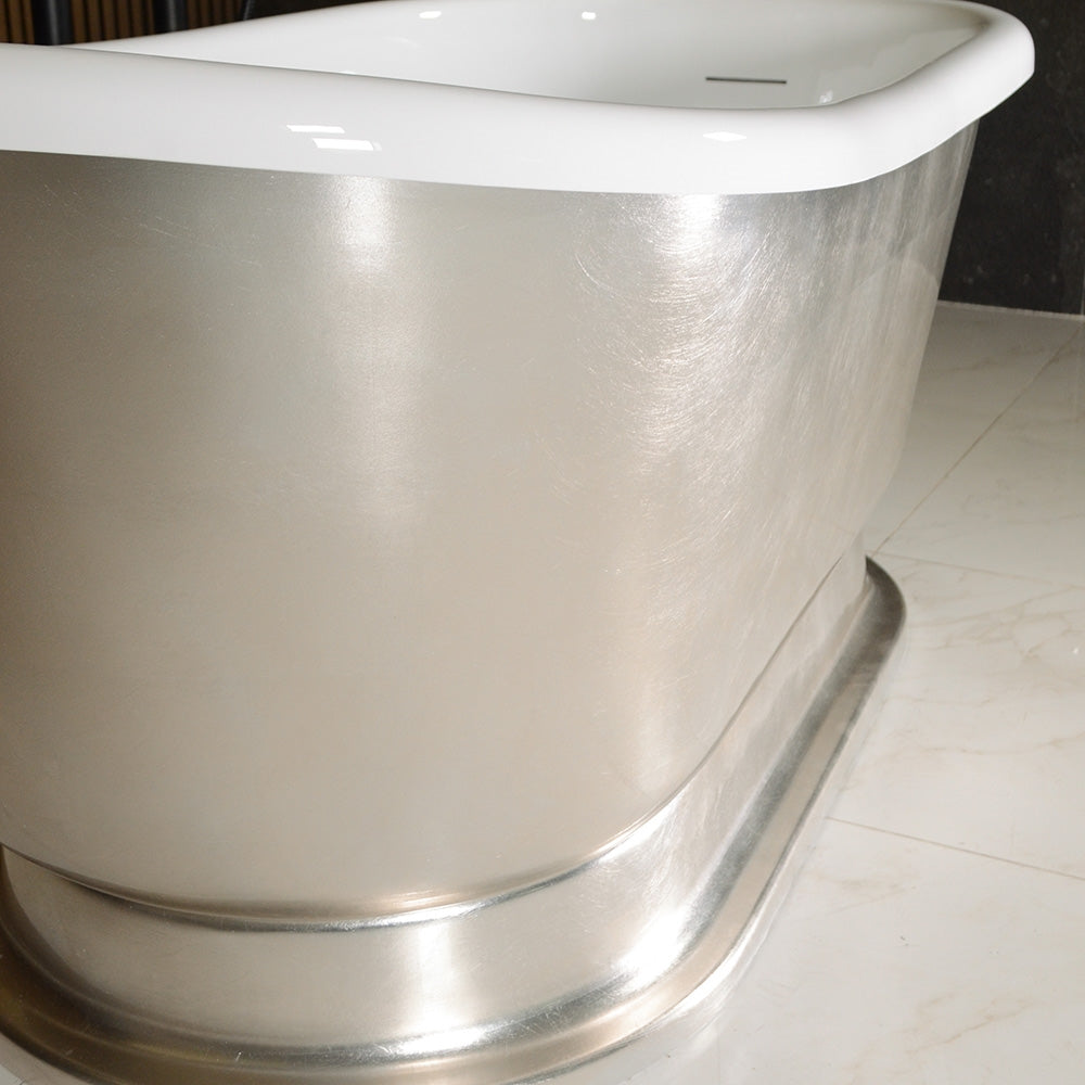 “LuxWide Calypso Iris-54-USLPD” 54 Inch White CoreAcryl Acrylic Swedish Slipper Pedestal Tub with “Umber Washed Silver Leaf” Exterior