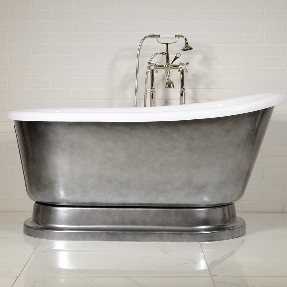 “Calypso Iris-58-ACH” 58 Inch White CoreAcryl Acrylic Swedish Slipper Pedestal Tub “Aged Chrome” Exterior