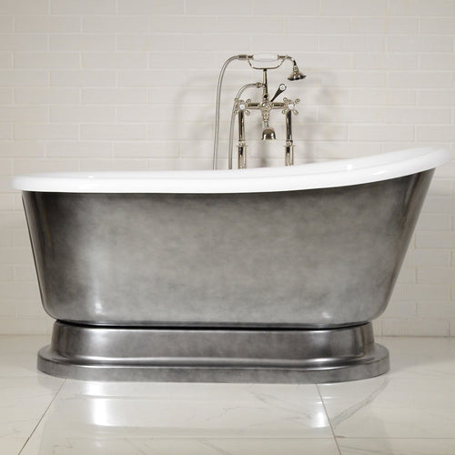 “Calypso Iris-58-ACH” 58 Inch White CoreAcryl Acrylic Swedish Slipper Pedestal Tub “Aged Chrome” Exterior