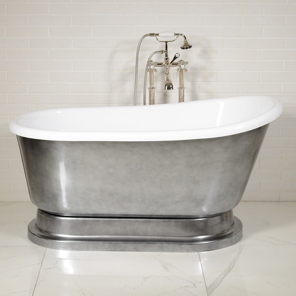 “Calypso Iris-58-ACH” 58 Inch White CoreAcryl Acrylic Swedish Slipper Pedestal Tub “Aged Chrome” Exterior