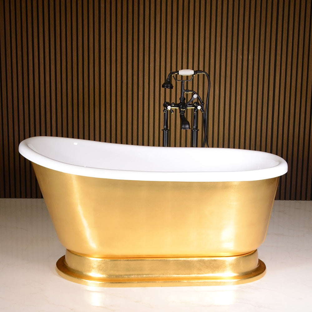 “Calypso Iris-58-UGSLPD” 58 Inch White CoreAcryl Acrylic Swedish Slipper Pedestal Tub “Umber Washed Gold Leaf” Exterior
