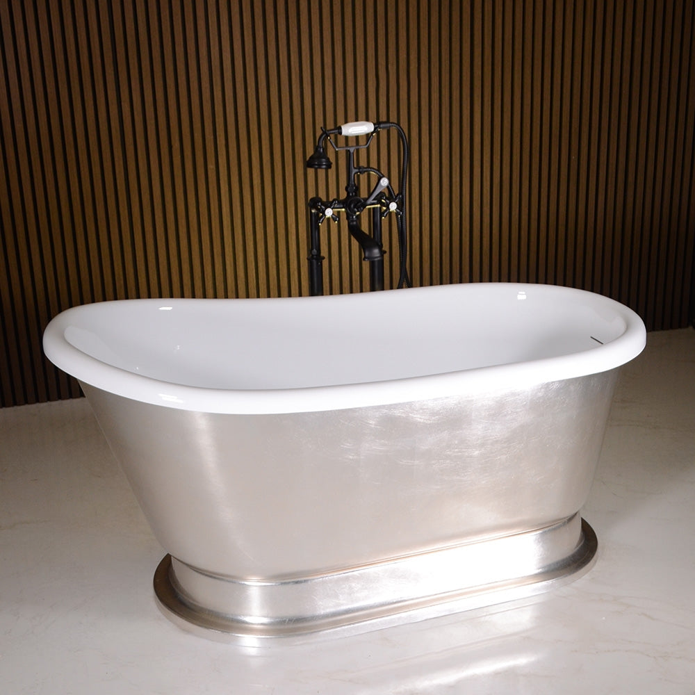“LuxWide Calypso Iris-58-USLPD” 58 Inch White CoreAcryl Acrylic Swedish Slipper Pedestal Tub “Umber Washed Silver Leaf” Exterior