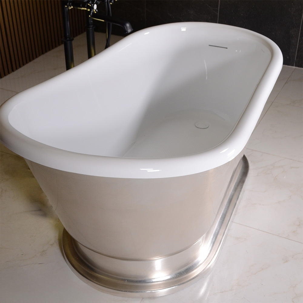 “LuxWide Calypso Iris-58-USLPD” 58 Inch White CoreAcryl Acrylic Swedish Slipper Pedestal Tub “Umber Washed Silver Leaf” Exterior