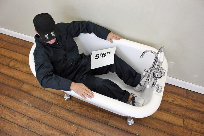 Body height comparison showing a person in 53" x 30" Clawfoot Tub “SanSiro HL-Potomac CLWH53” CoreAcryl Acrylic