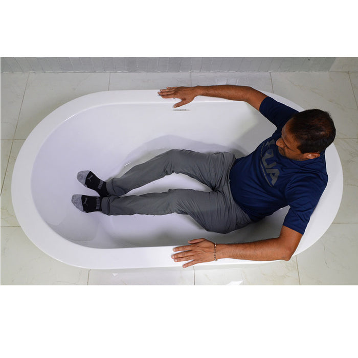 Body height comparison showing a person in 59" x 34" Air Jetted Tub “SanSiro Asti 59CAJ” Reinforced Acrylic