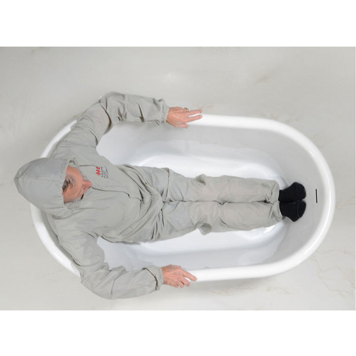 Body height comparison showing a person in 54" x 33" Clawfoot Tub “Calypso Athena 54ACHCL” CoreAcryl Acrylic in Aged Chrome Finish