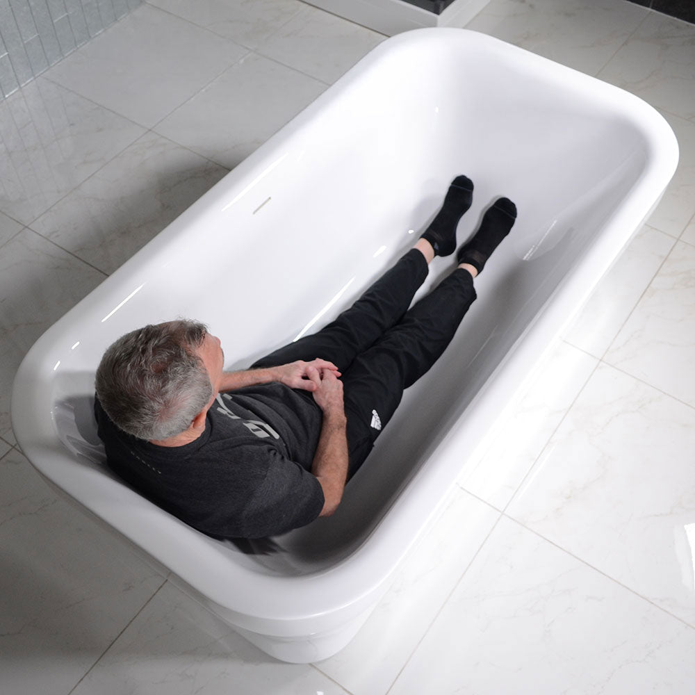 Sizing example showing a 5 foot 8 inch person in this tub