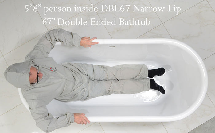 Body height comparison showing a person in 67" x 30" Clawfoot Tub “SanSiro HL-Nile CLWH67” CoreAcryl Acrylic