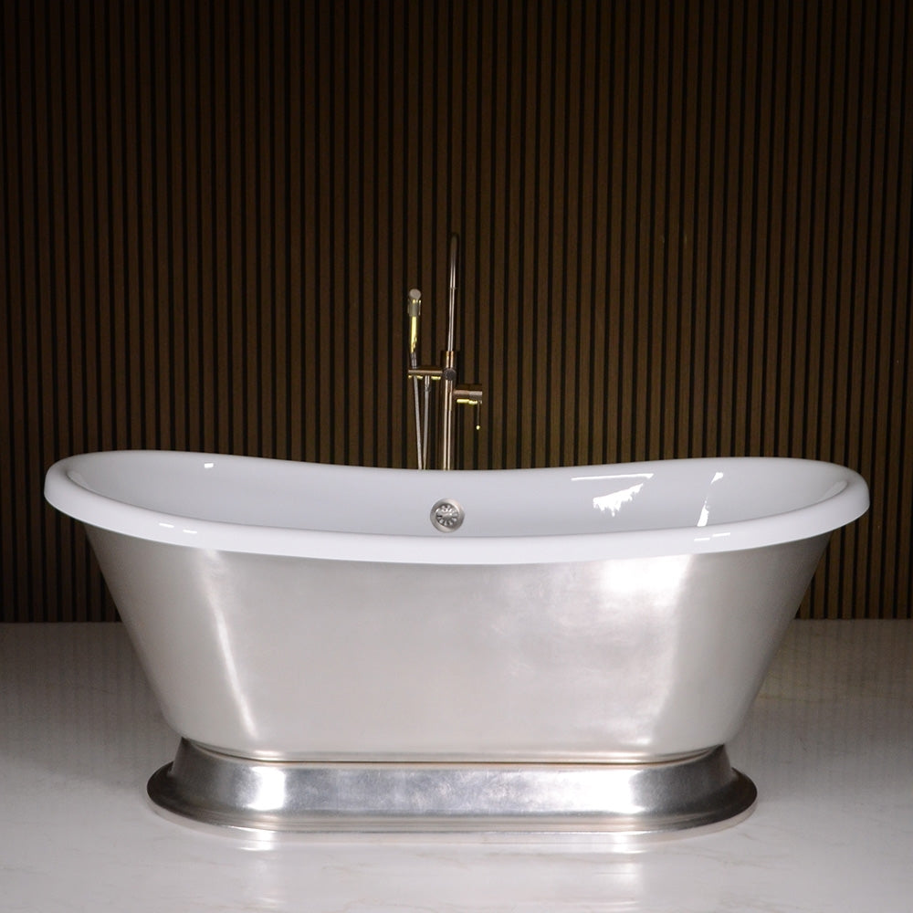 Standard Wide “Gianetta73” 73" CoreAcryl WHITE Acrylic French Bateau Pedestal Tub with Umber Wash Silver Leaf Exterior