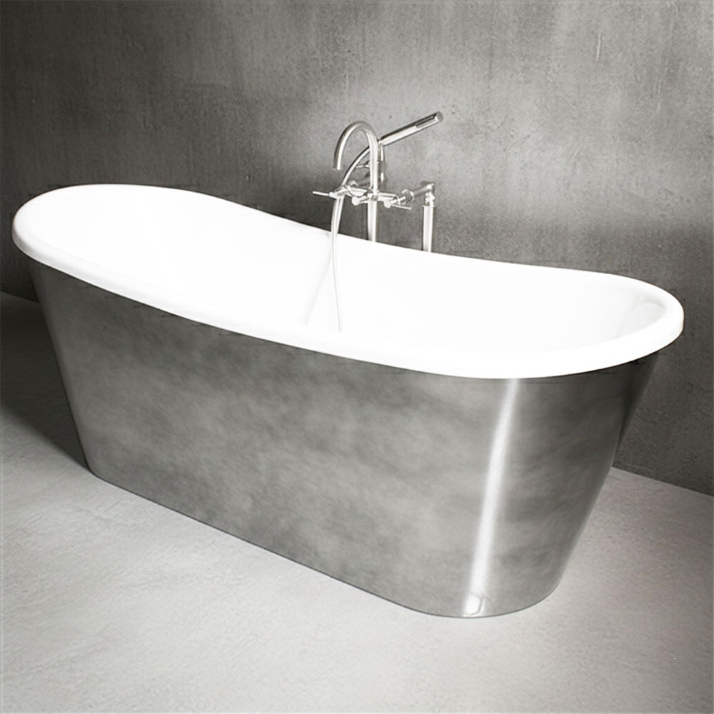 “SanSiro Calypso-Air59SKACH” Freestanding 59" x 31.5" “Heated Air Jetted” CoreAcryl Acrylic French Bateau Aged Chrome Exterior Skirted Bathtub