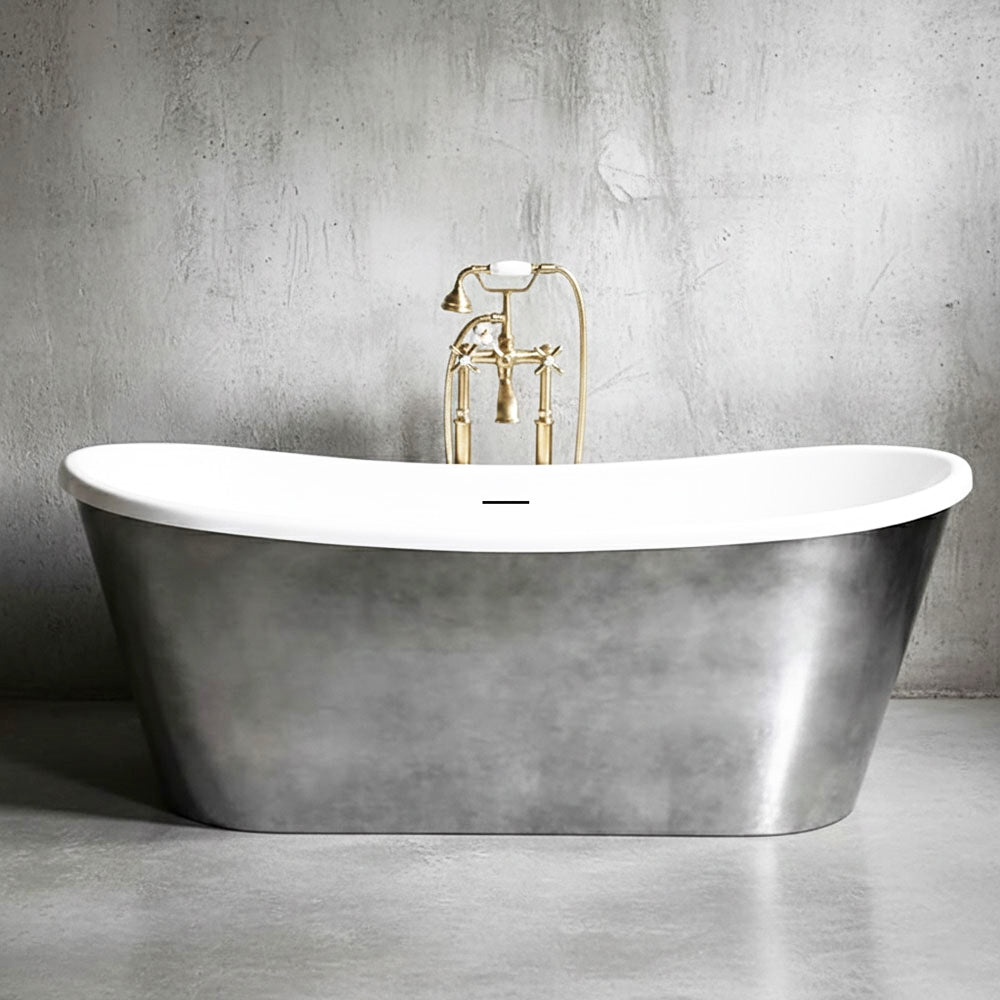 “SanSiro Calypso-Air67SKACH” Freestanding 67" x 32.5" “Heated Air Jetted” CoreAcryl Acrylic French Bateau Aged Chrome Exterior Skirted Bathtub