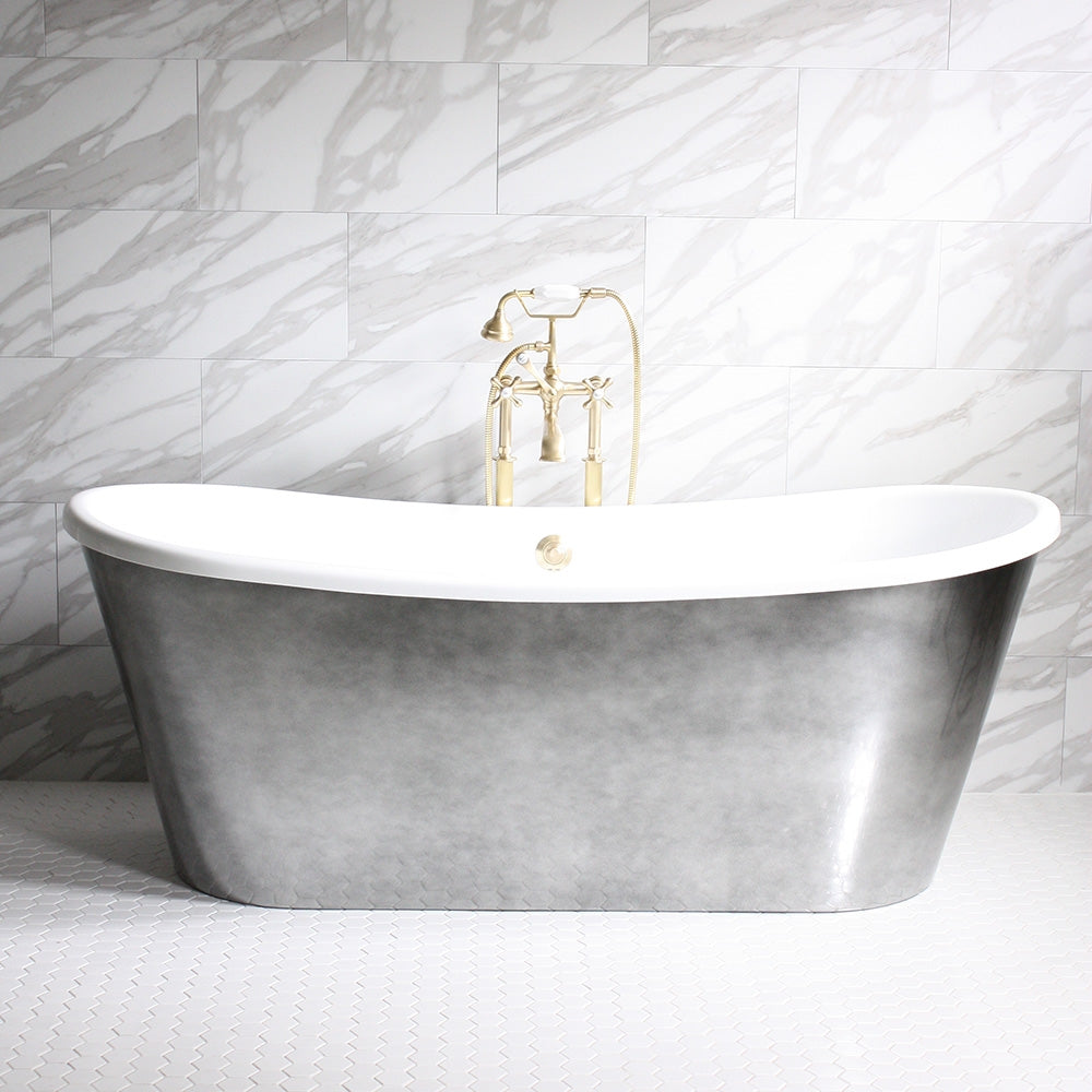 Standard Wide “Ginevra59” 59" CoreAcryl WHITE French Bateau Acrylic Skirted Tub with Aged Chrome Exterior plus Drain