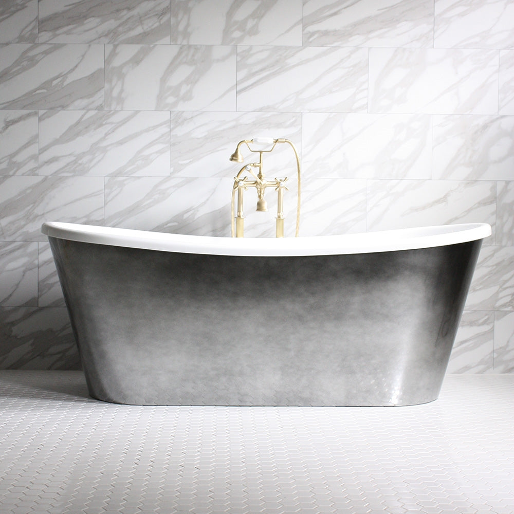 Standard Wide “Ginevra67” 67" CoreAcryl WHITE French Bateau Acrylic Skirted Tub with Aged Chrome Exterior plus Drain