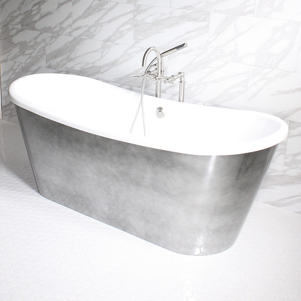 Standard Wide “Ginevra67” 67" CoreAcryl WHITE French Bateau Acrylic Skirted Tub with Aged Chrome Exterior plus Drain