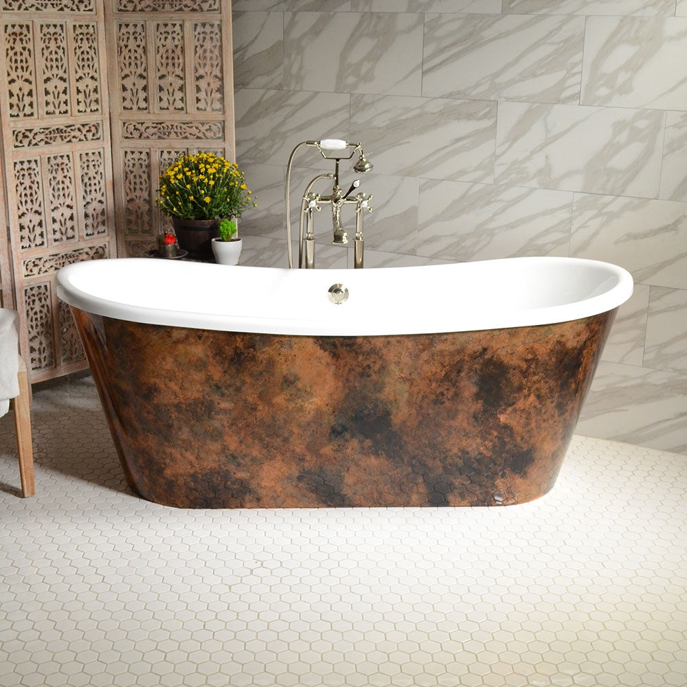 Standard Wide “Nicolosa59” 59" CoreAcryl WHITE French Bateau Acrylic Skirted Tub with Patina Copper Leaf Exterior plus Drain