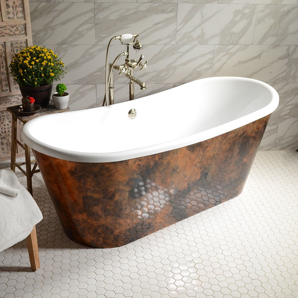 Standard Wide “Nicolosa59” 59" CoreAcryl WHITE French Bateau Acrylic Skirted Tub with Patina Copper Leaf Exterior plus Drain