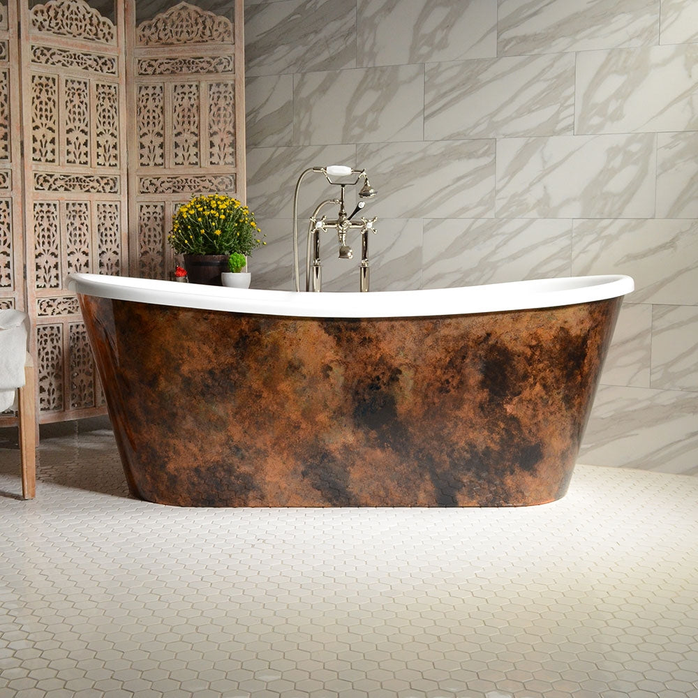 Standard Wide “Nicolosa67” 67" CoreAcryl WHITE French Bateau Acrylic Skirted Tub with Patina Copper Leaf Exterior plus Drain