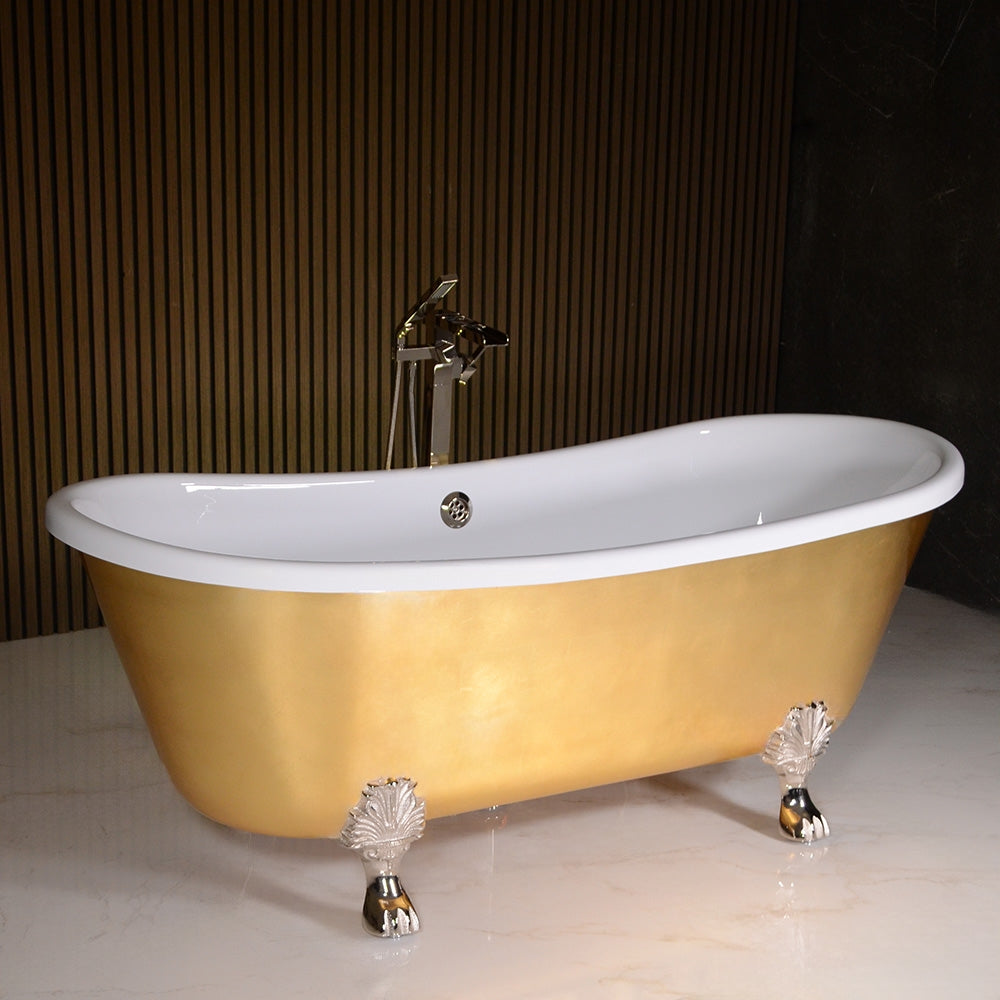Standard Wide “Ramesses59” 59" CoreAcryl WHITE Acrylic French Bateau Clawfoot Tub with Umber Wash Egyptian Gold Leaf Exterior plus Drain