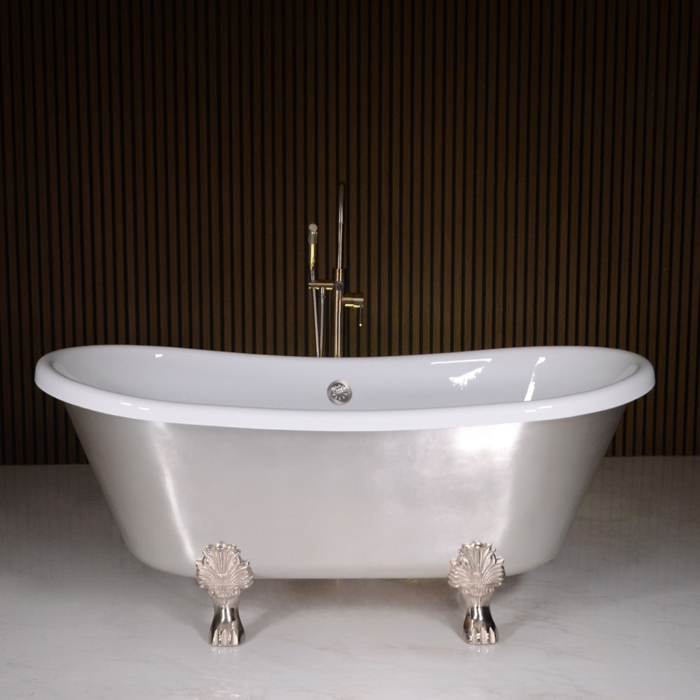 Standard Wide “Simona59” 59" CoreAcryl WHITE Acrylic French Bateau Clawfoot Tub with Umber Wash Silver Leaf Exterior