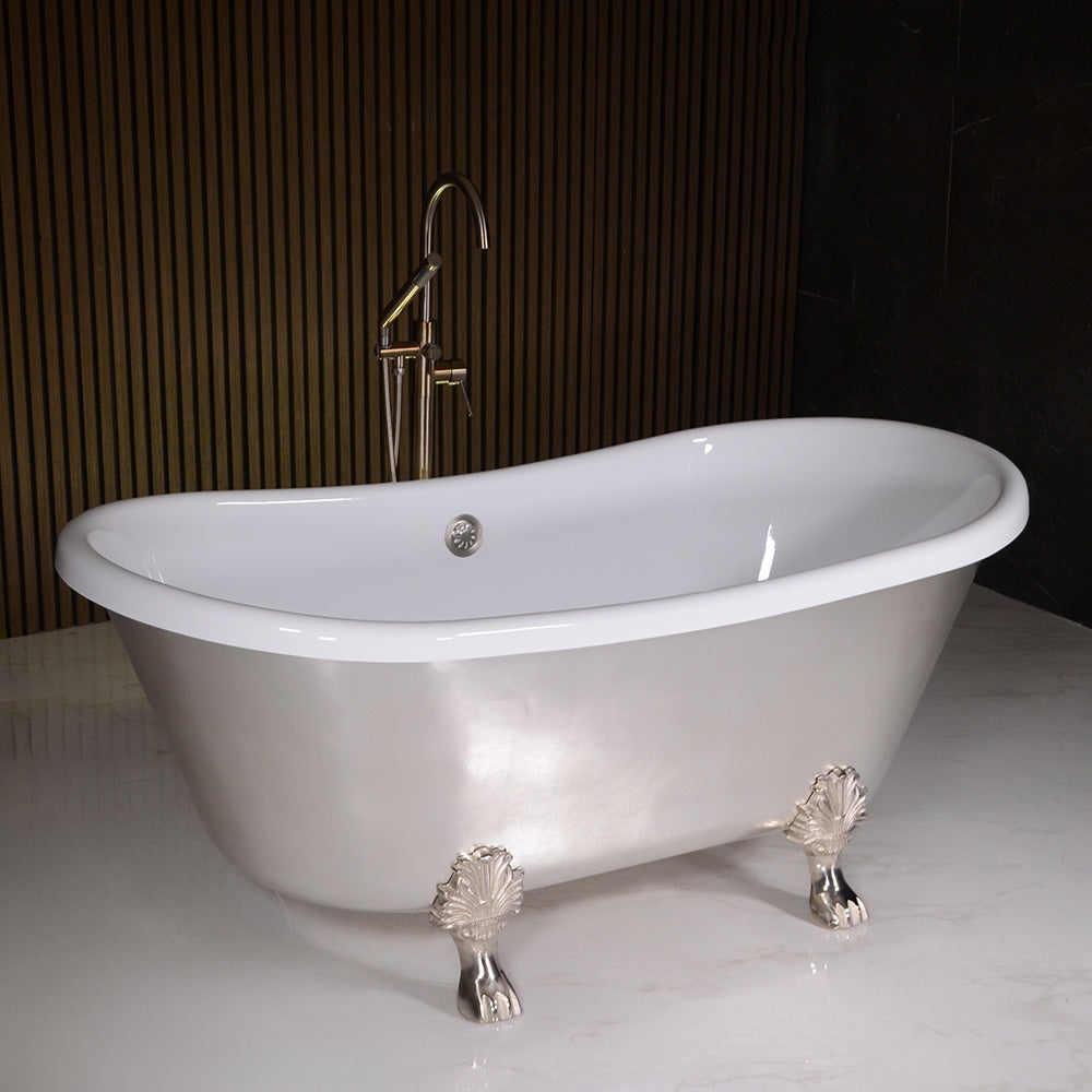 Standard Wide “Simona59” 59" CoreAcryl WHITE Acrylic French Bateau Clawfoot Tub with Umber Wash Silver Leaf Exterior