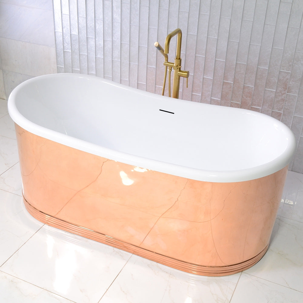 “SanSiro Biarritz S59POL” 59 Inch “Water and Air Jetted” Mirror Polished Solid Copper Shell French Bateau Bathtub with Thick CoreAcryl Acrylic Interior