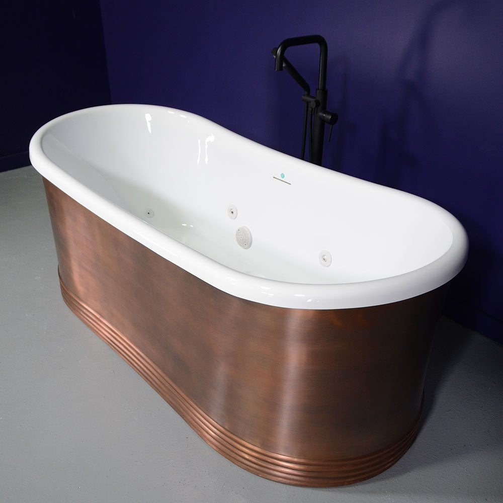 “SanSiro Biarritz S67LA” 67 Inch “Water and Air Jetted” Lightly Aged Solid Copper Shell French Bateau Bathtub with Thick CoreAcryl Acrylic Interior
