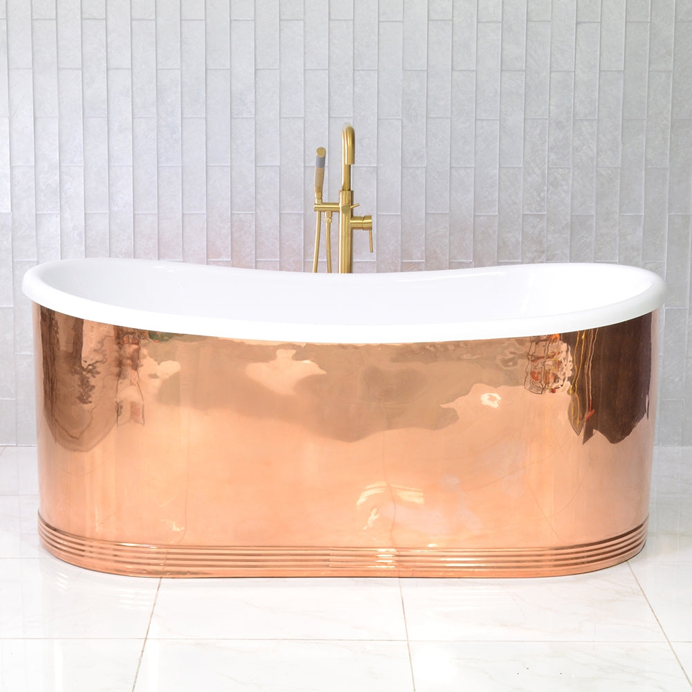 “SanSiro Biarritz S67PC” 67 Inch “Water and Air Jetted” Mirror Polished Solid Copper Shell French Bateau Bathtub with Thick CoreAcryl Acrylic Interior