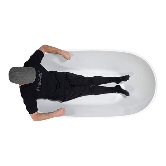 Body height comparison showing a person in 63" x 32" Freestanding Tub “SanSiro Aquino 63C” Reinforced Acrylic