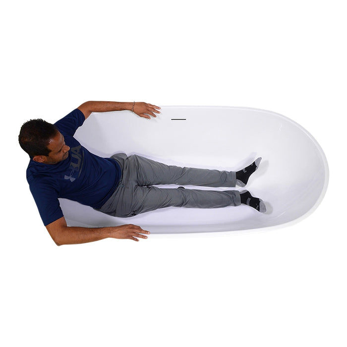Body height comparison showing a person in 67" x 32" Air Jetted Tub “SanSiro Aquino 67CAJ” Reinforced Acrylic