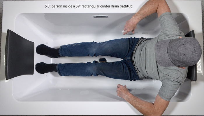 Body height comparison showing a person in 59" x 34" Jetted Tub “SanSiro Asti 59EHS” Reinforced Acrylic