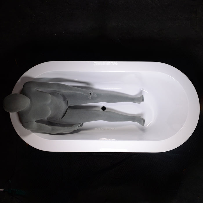 Body height comparison showing a person in 71" x 34" Air Jetted Tub “SanSiro Augusta 71CAJ” Reinforced Acrylic