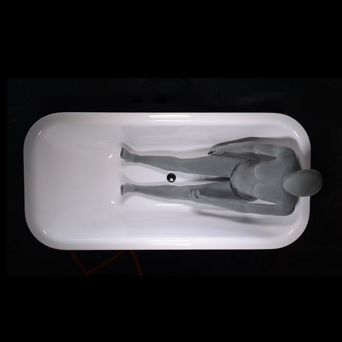 Body height comparison showing a person in 73" x 35" Jetted Tub “SanSiro Eclipse 73CHS” Reinforced Acrylic