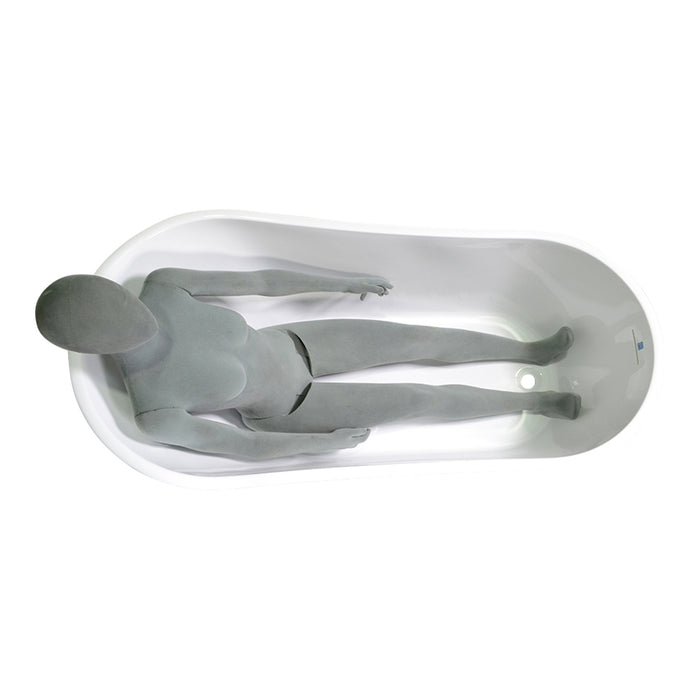 Body height comparison showing a person in 59" x 29" Freestanding Tub “SanSiro Roma 59E” Reinforced Acrylic