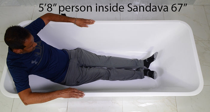 Body height comparison showing a person in 67" x 30" Air Jetted Tub “SanSiro Sandava 67CAJ” Reinforced Acrylic