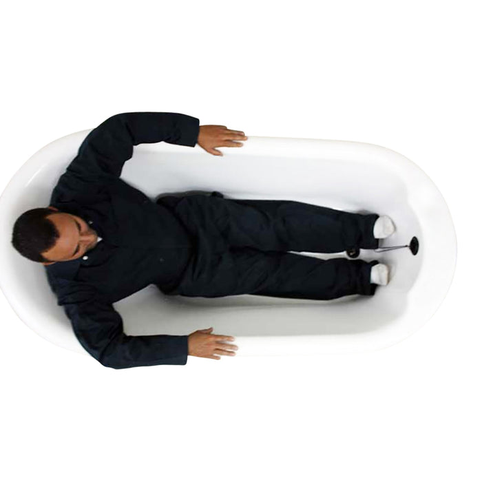 Body height comparison showing a person in 67" Air Jetted Clawfoot Tub “SanSiro SS67A” Reinforced Acrylic