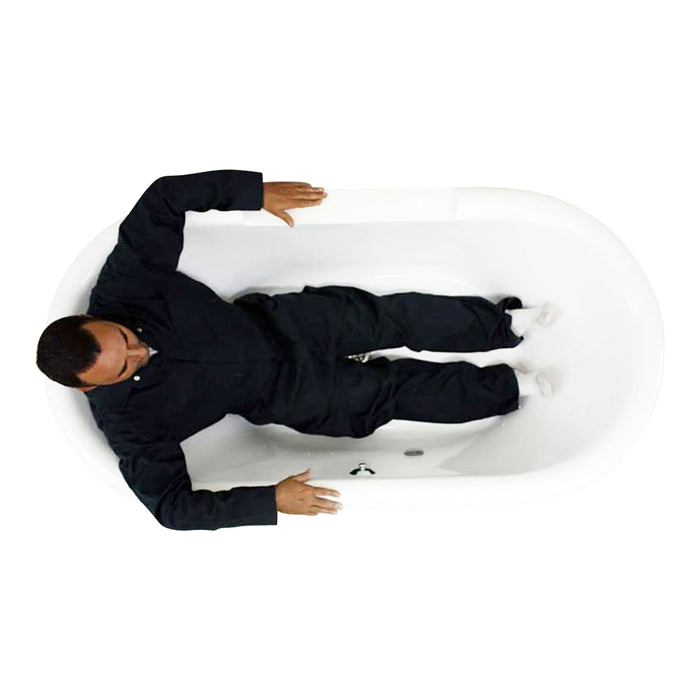Body height comparison showing a person in 69" Air Jetted Clawfoot Tub “SanSiro SS69A” Reinforced Acrylic