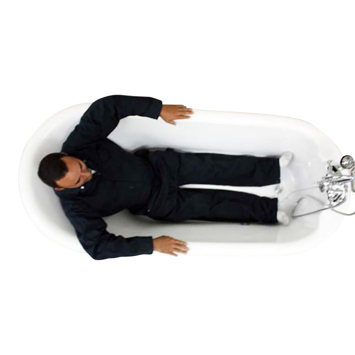Body height comparison showing a person in 73" Air Jetted Clawfoot Tub “SanSiro SS73A” Reinforced Acrylic