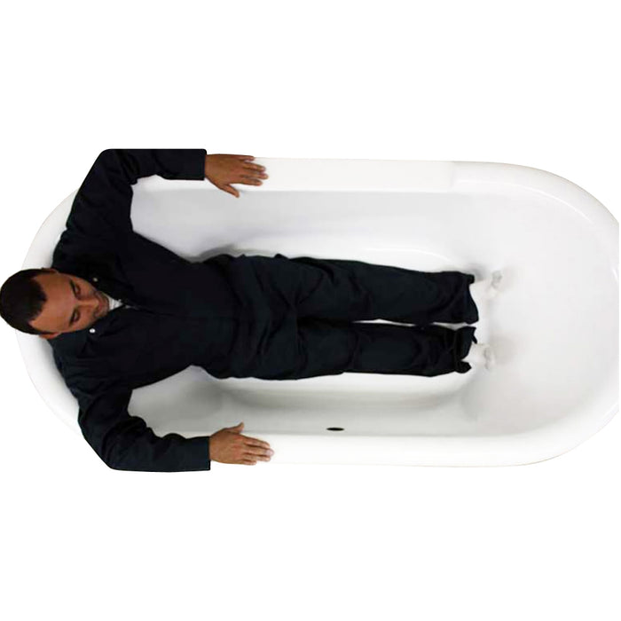 Body height comparison showing a person in 75" Air Jetted Clawfoot Tub “SanSiro SS75A” Reinforced Acrylic
