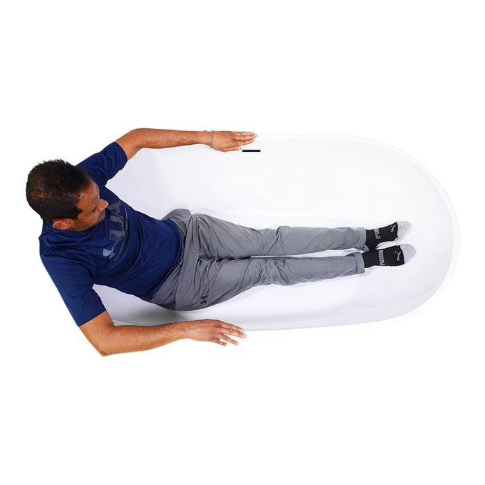 Body height comparison showing a person in 59" x 32" Air Jetted Tub “SanSiro Aquino 59CAJ” Reinforced Acrylic