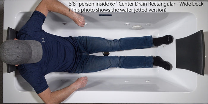 Body height comparison showing a person in 67" x 34" Air Jetted Water Heated Tub “SanSiro Asti 67CAirSpa” Reinforced Acrylic